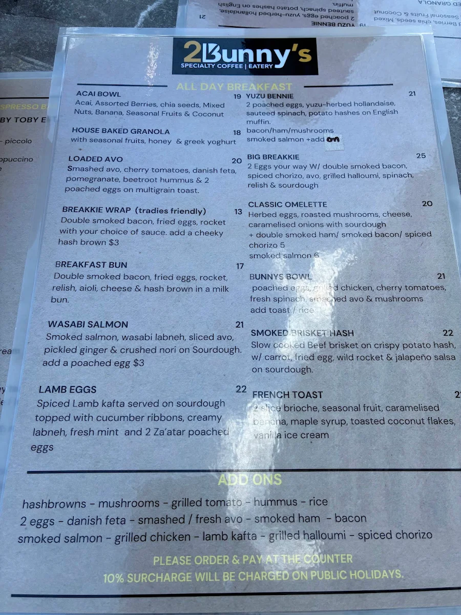 Menu, 2 Bunny's Cafe Epping