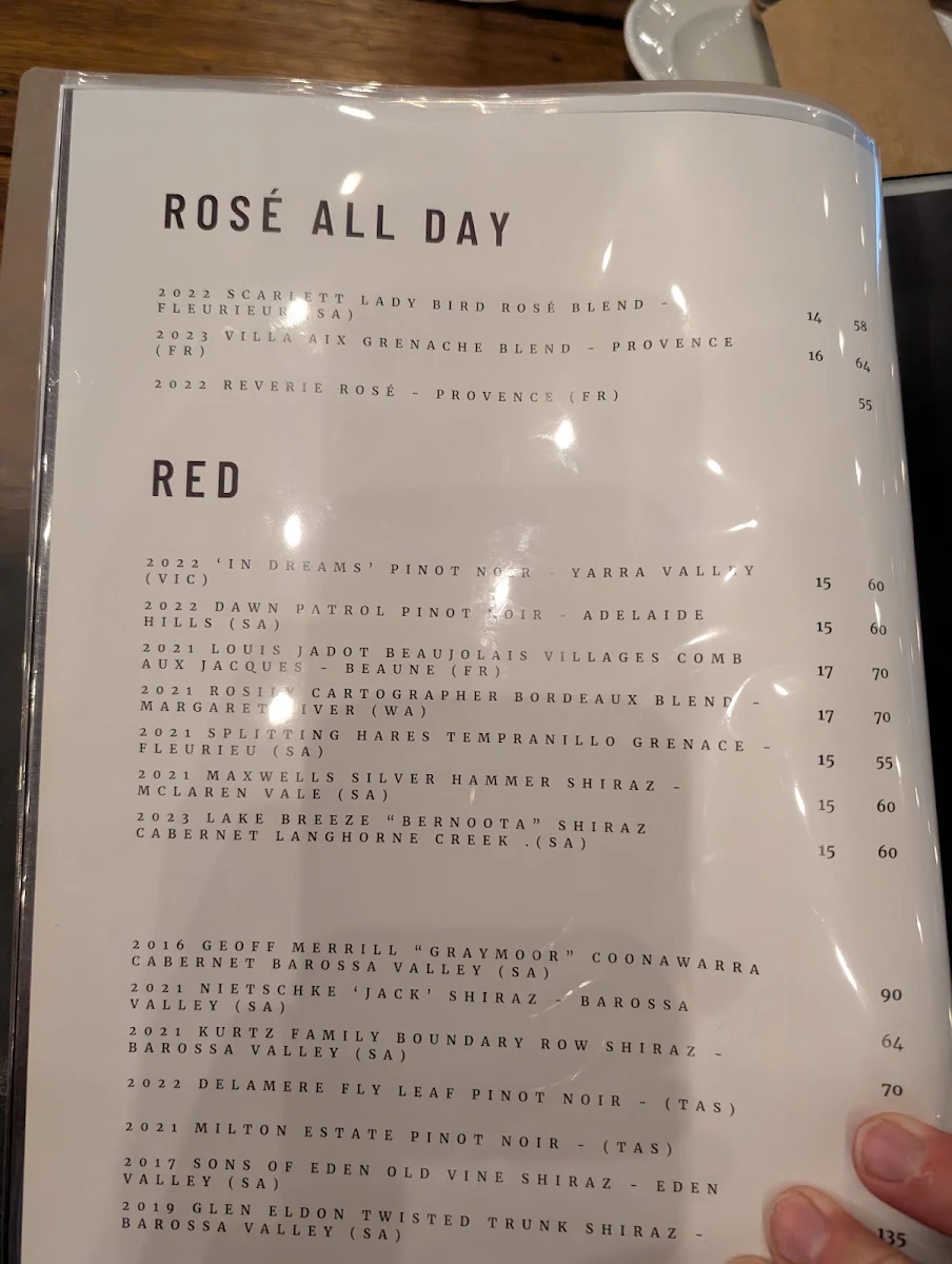 Menu, Altar Wine Bar Milton