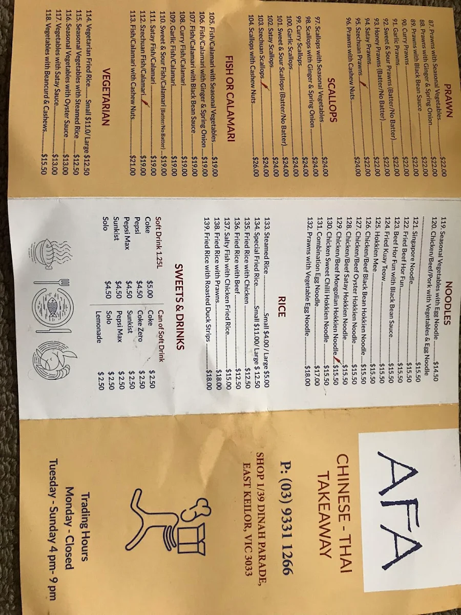 Menu, Afa Chinese and Thai Takeaway
