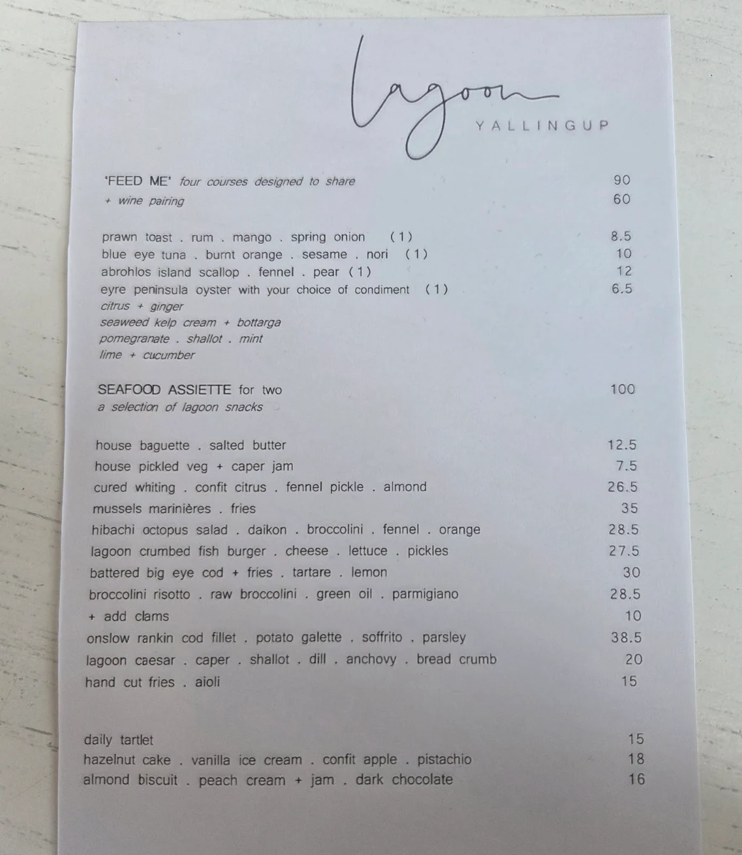 Menu, Lagoon Yallingup