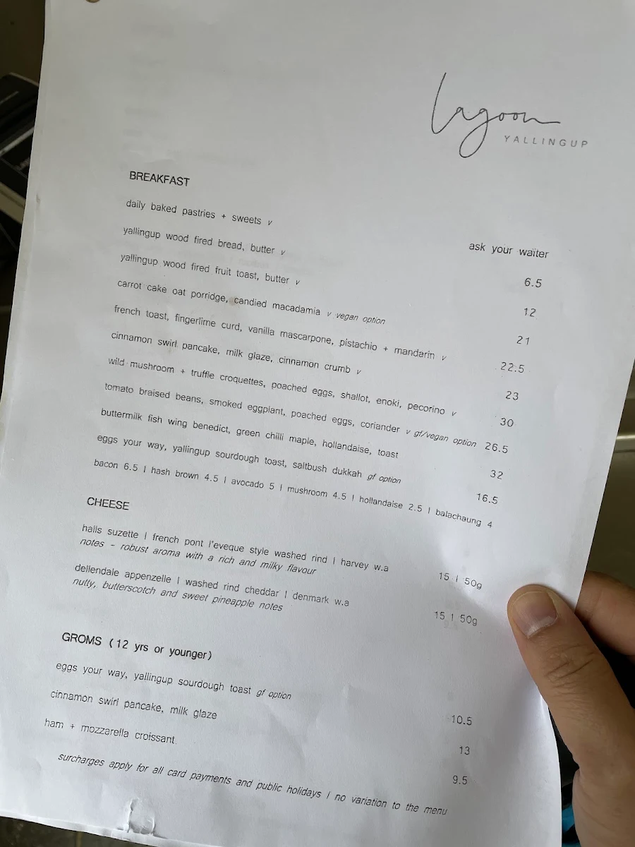 Menu, Lagoon Yallingup
