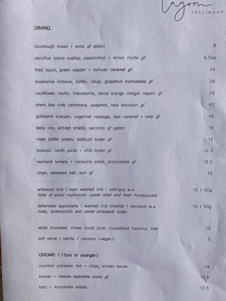 Menu, Lagoon Yallingup
