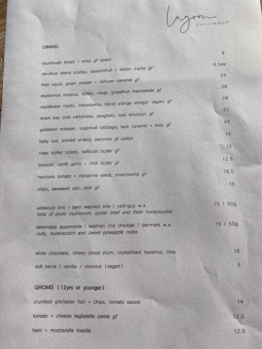 Menu, Lagoon Yallingup