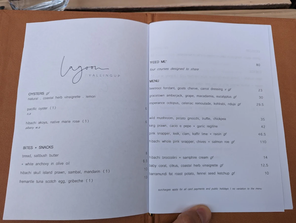 Menu, Lagoon Yallingup