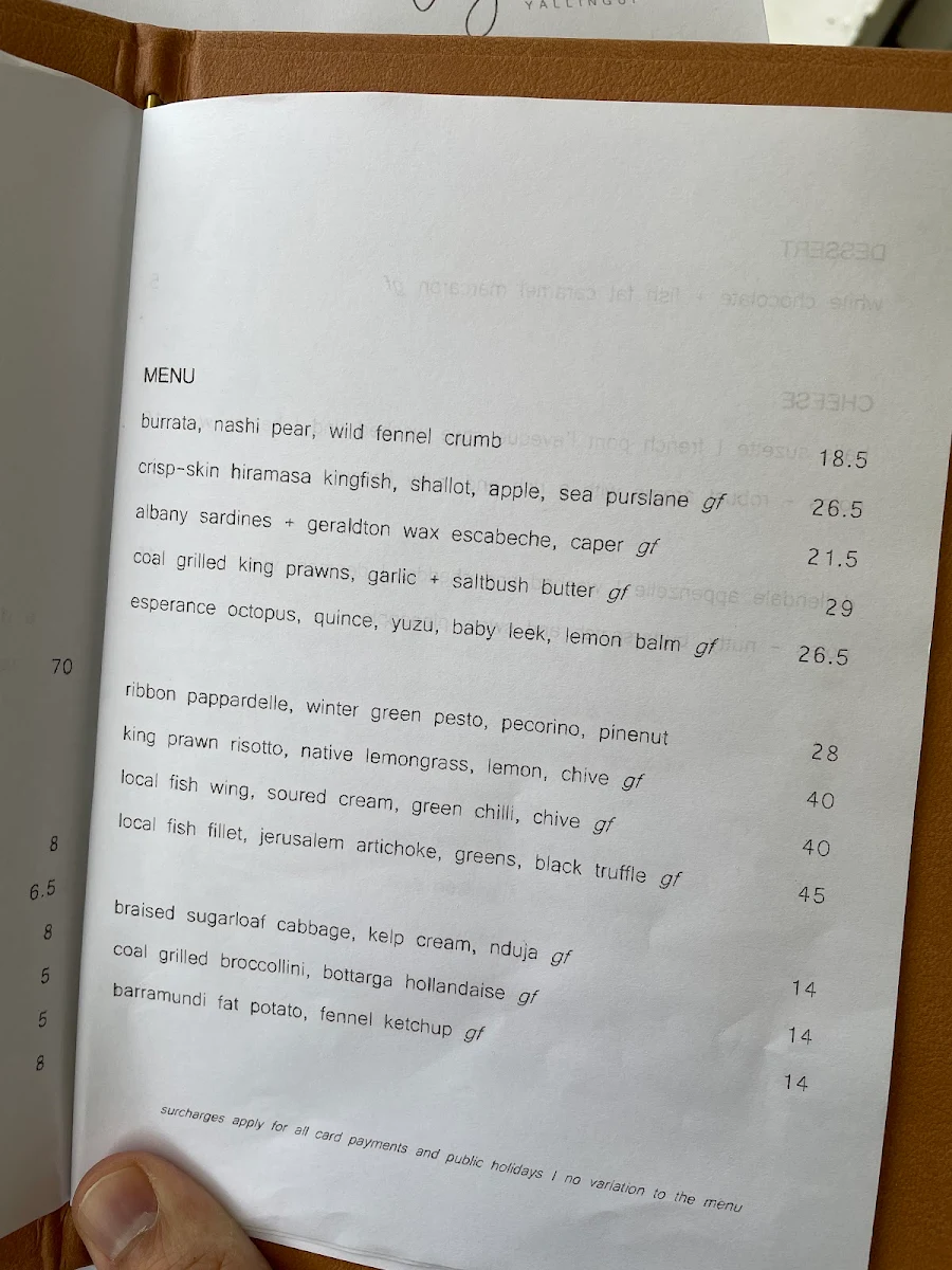 Menu, Lagoon Yallingup