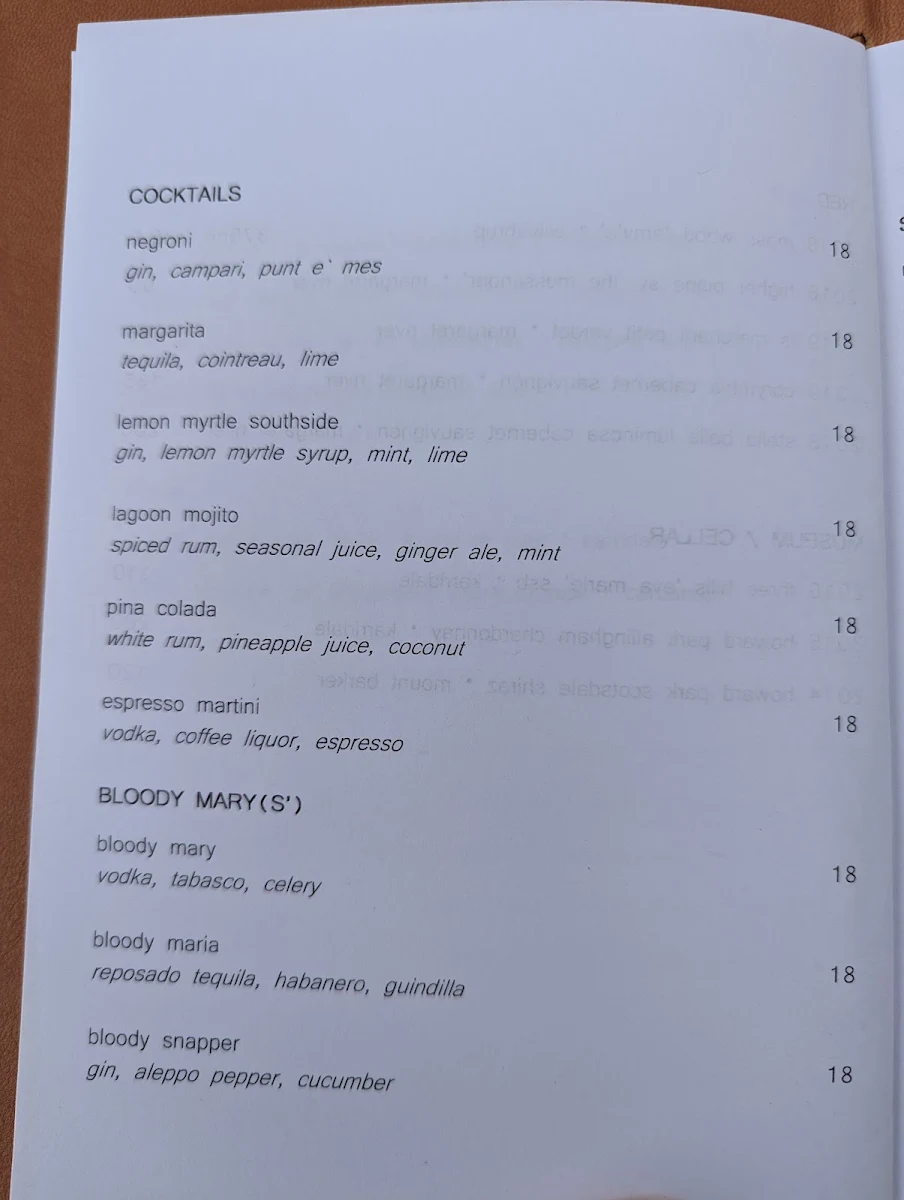 Menu, Lagoon Yallingup