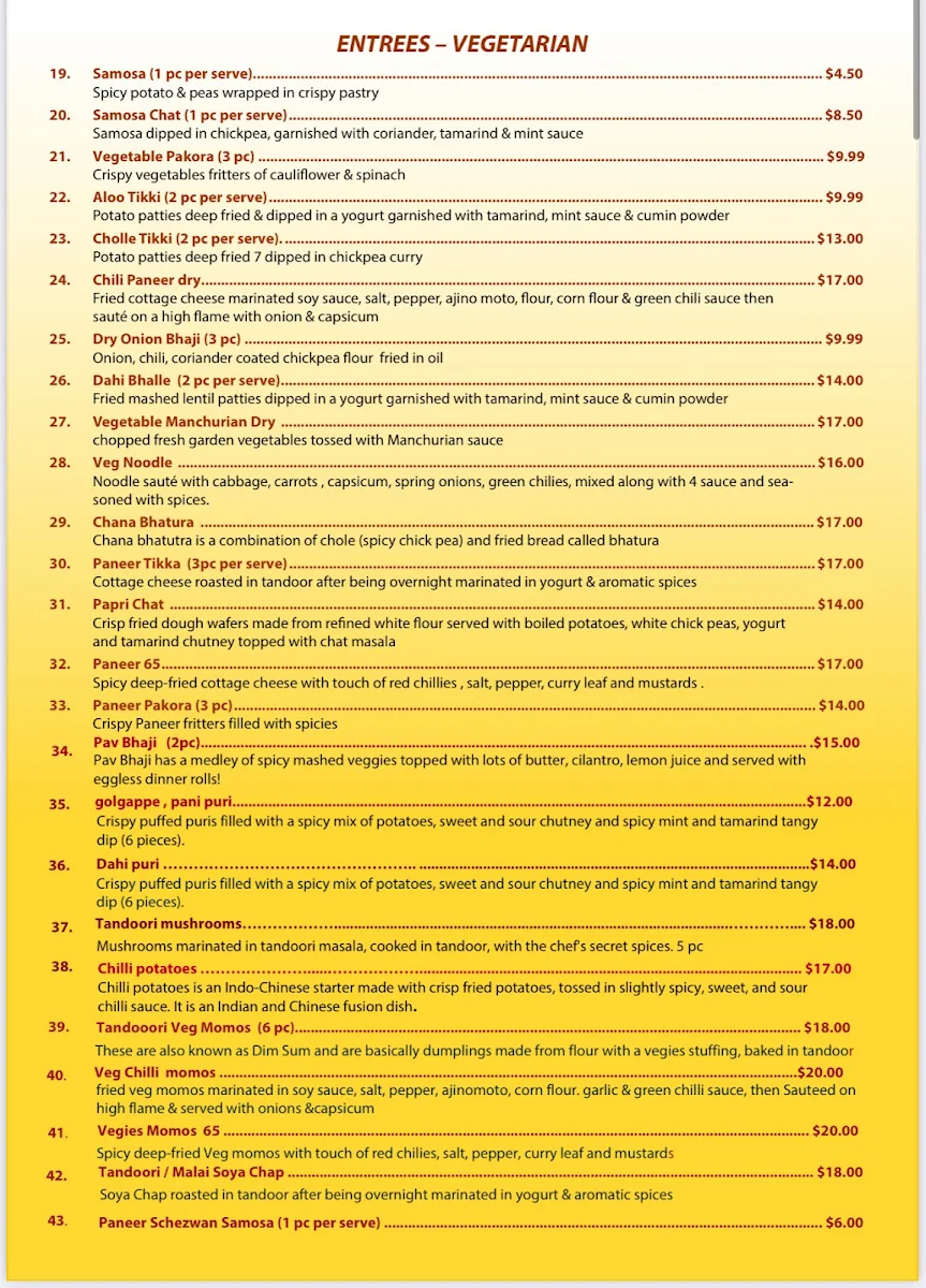 Menu, TheYarra Indian