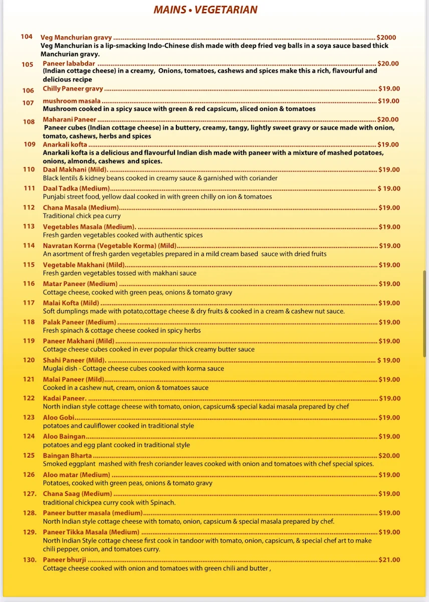 Menu, TheYarra Indian