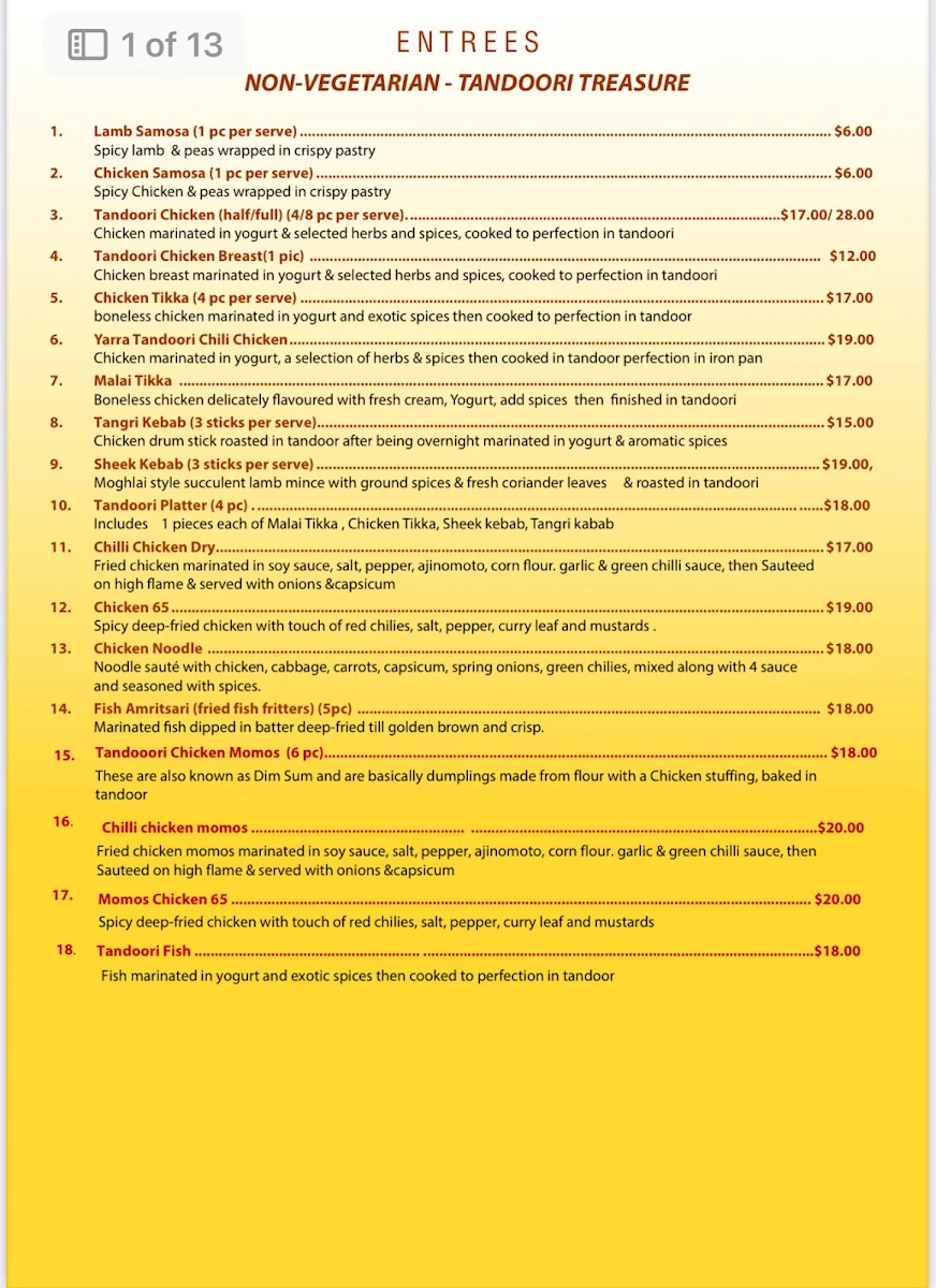 Menu, TheYarra Indian