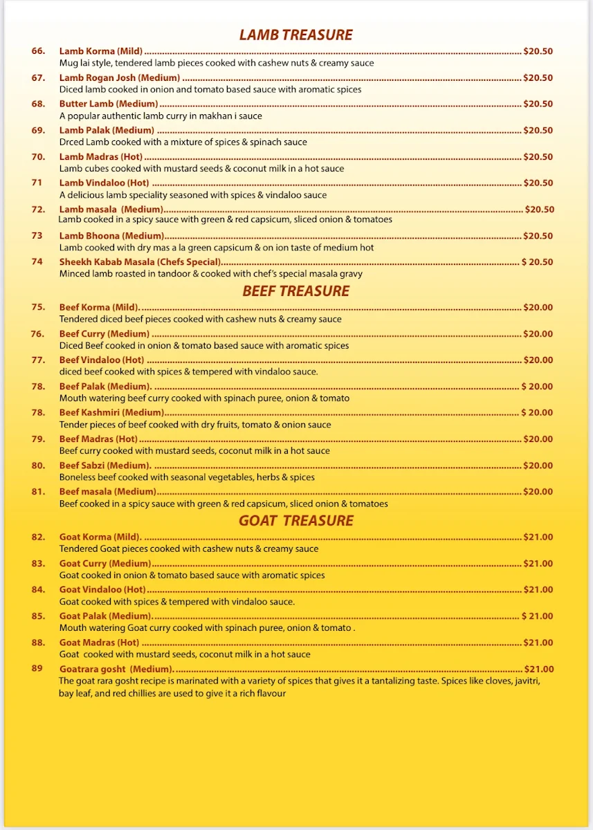 Menu, TheYarra Indian