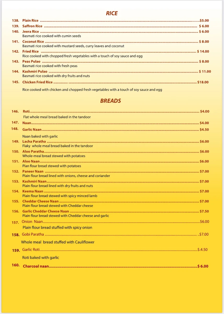 Menu, TheYarra Indian