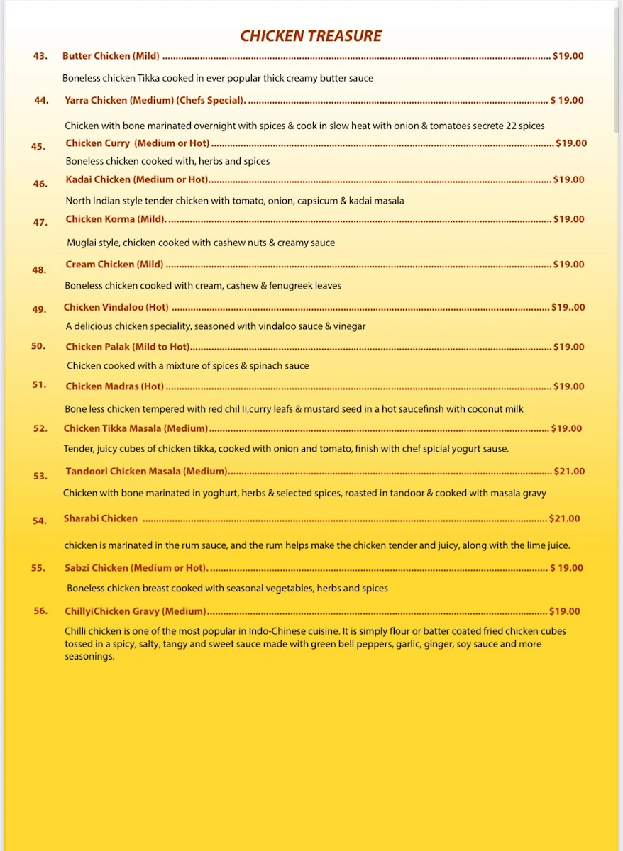 Menu, TheYarra Indian