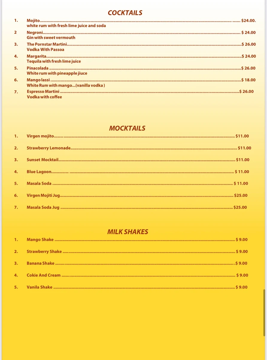 Menu, TheYarra Indian