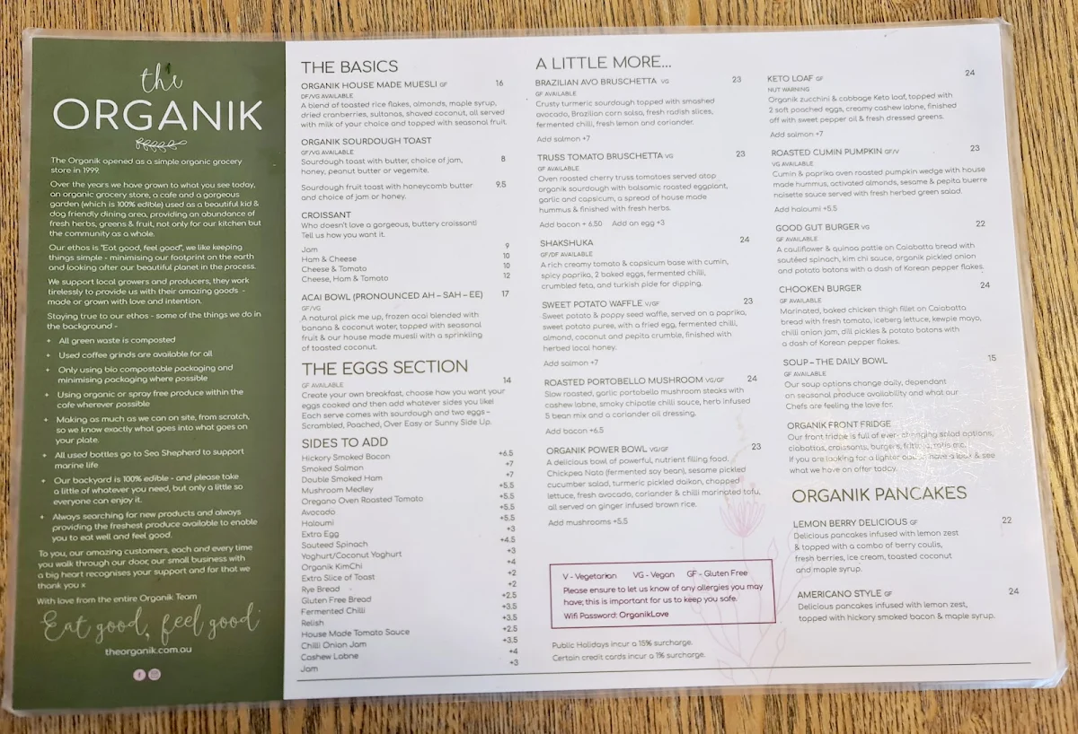 Menu, The Organik - Cafe - Store - Living