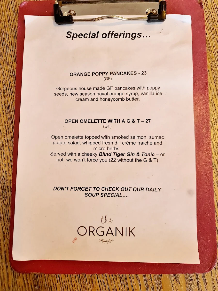 Menu, The Organik - Cafe - Store - Living