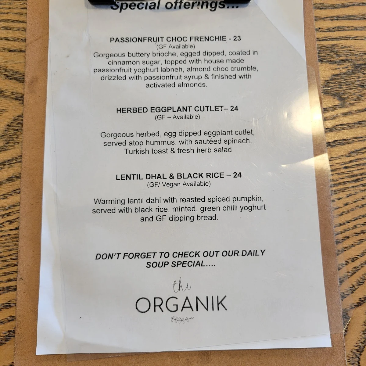 Menu, The Organik - Cafe - Store - Living