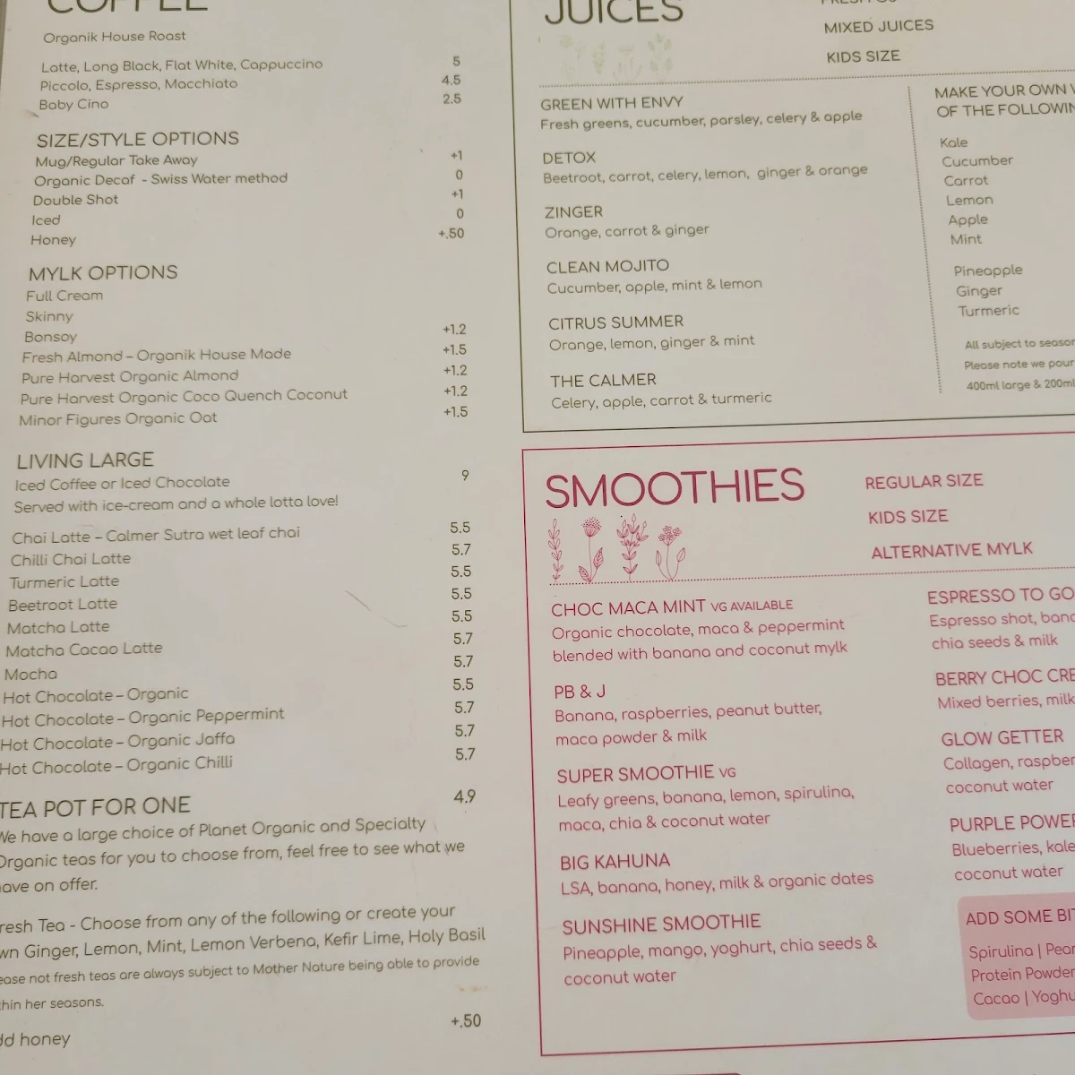 Menu, The Organik - Cafe - Store - Living