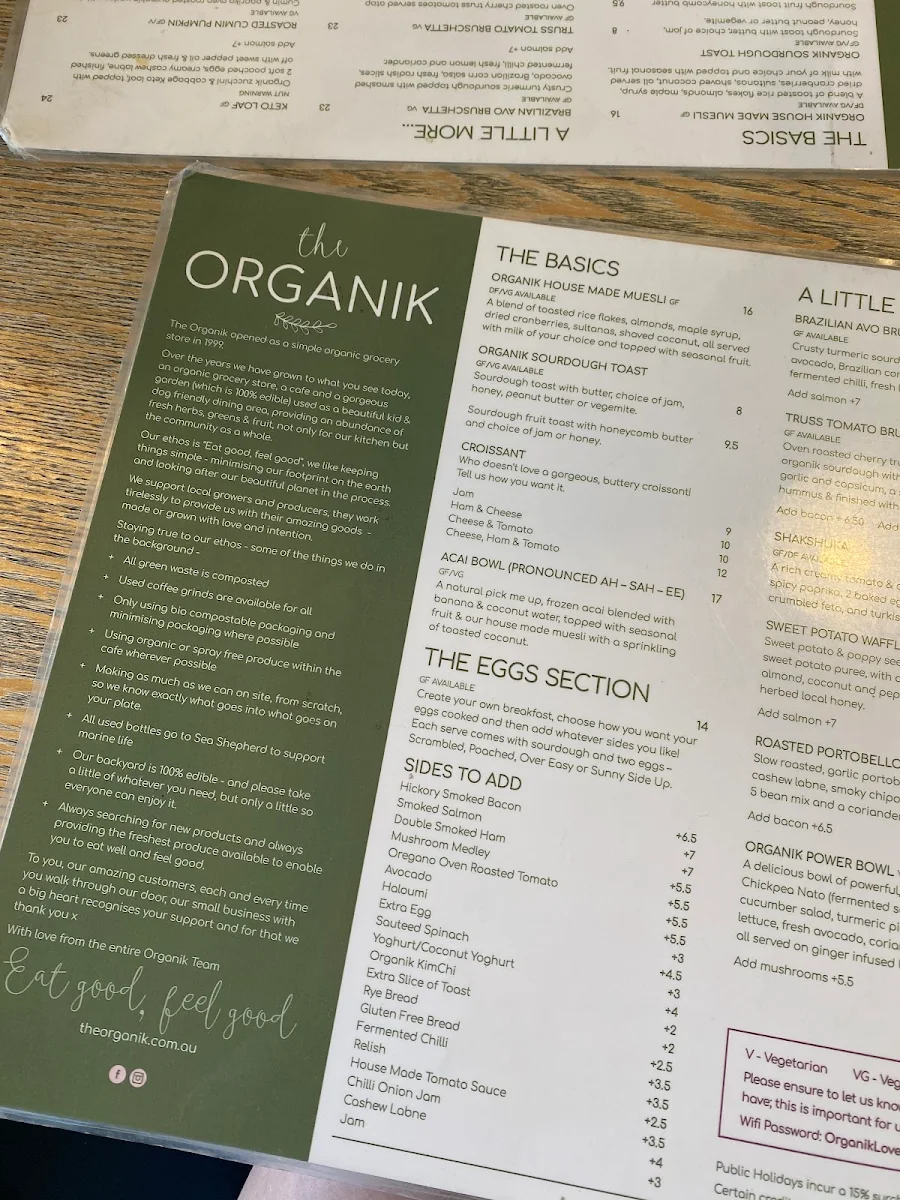 Menu, The Organik - Cafe - Store - Living