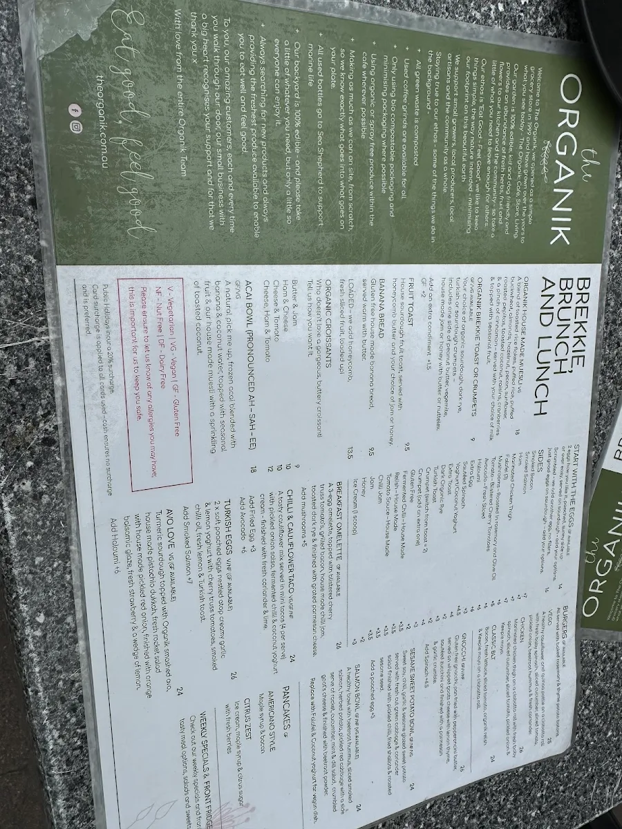 Menu, The Organik - Cafe - Store - Living