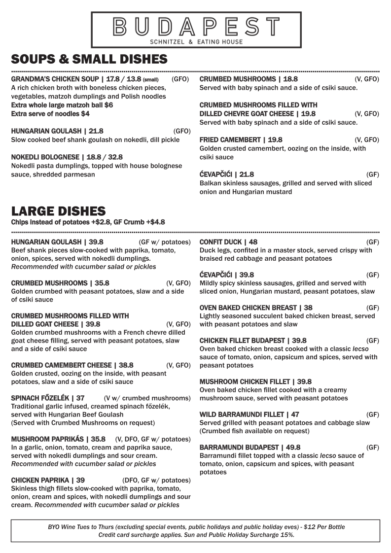 Menu, Budapest Schnitzel and Eating House