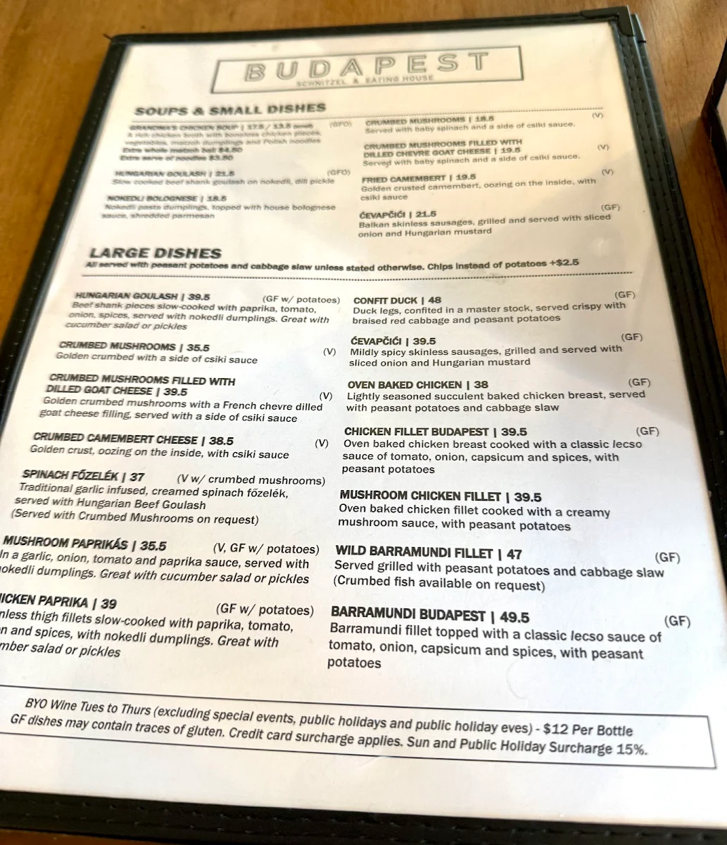 Menu, Budapest Schnitzel and Eating House