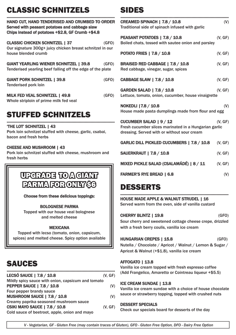 Menu, Budapest Schnitzel and Eating House