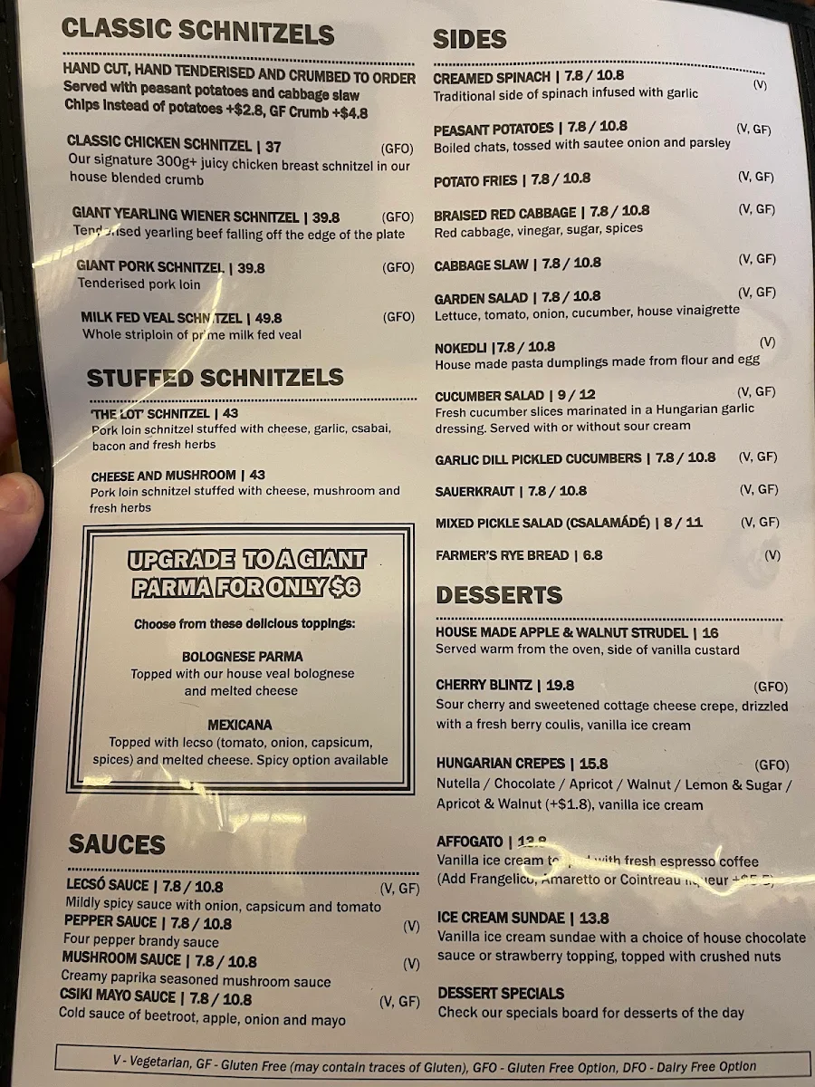 Menu, Budapest Schnitzel and Eating House