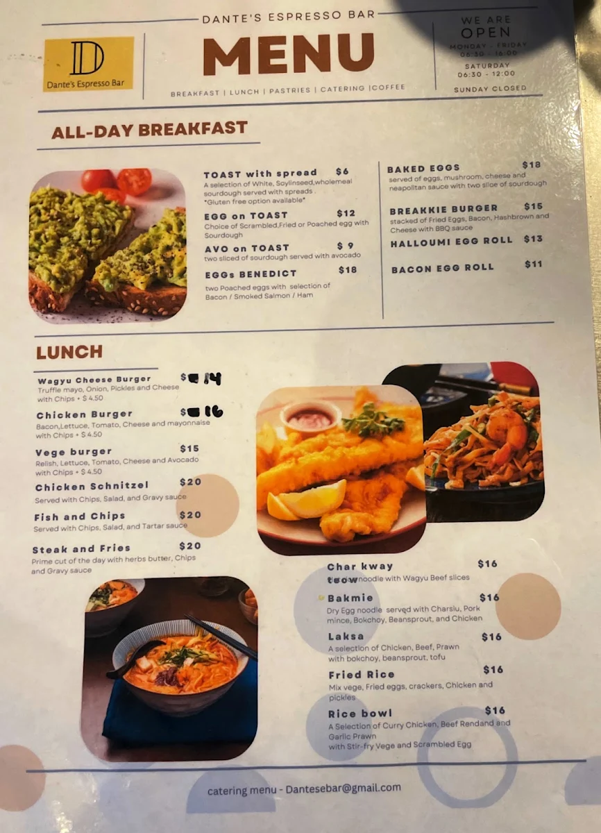 Menu, Dante's Espresso Bar