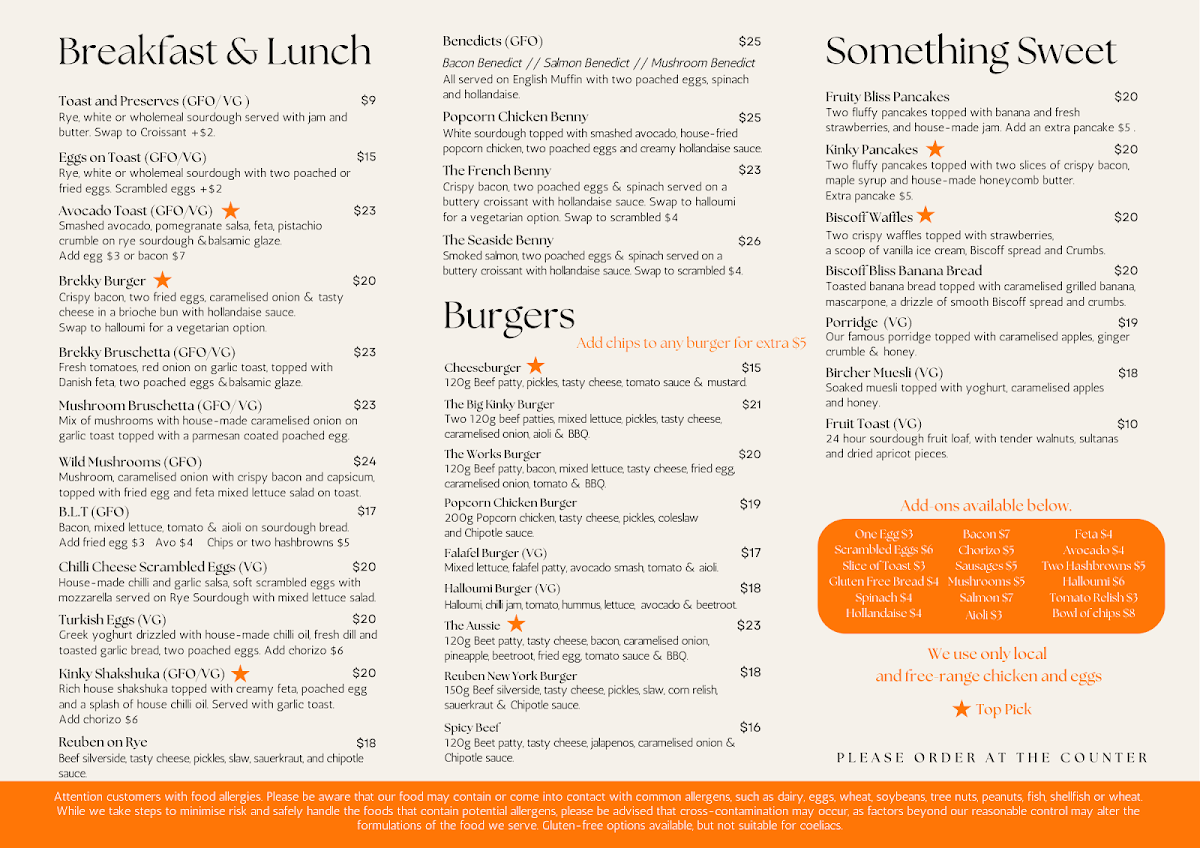 Menu, Kinky Lizard Cafe Maylands