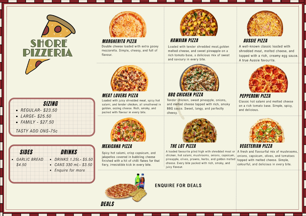 Menu, Shore Pizzeria