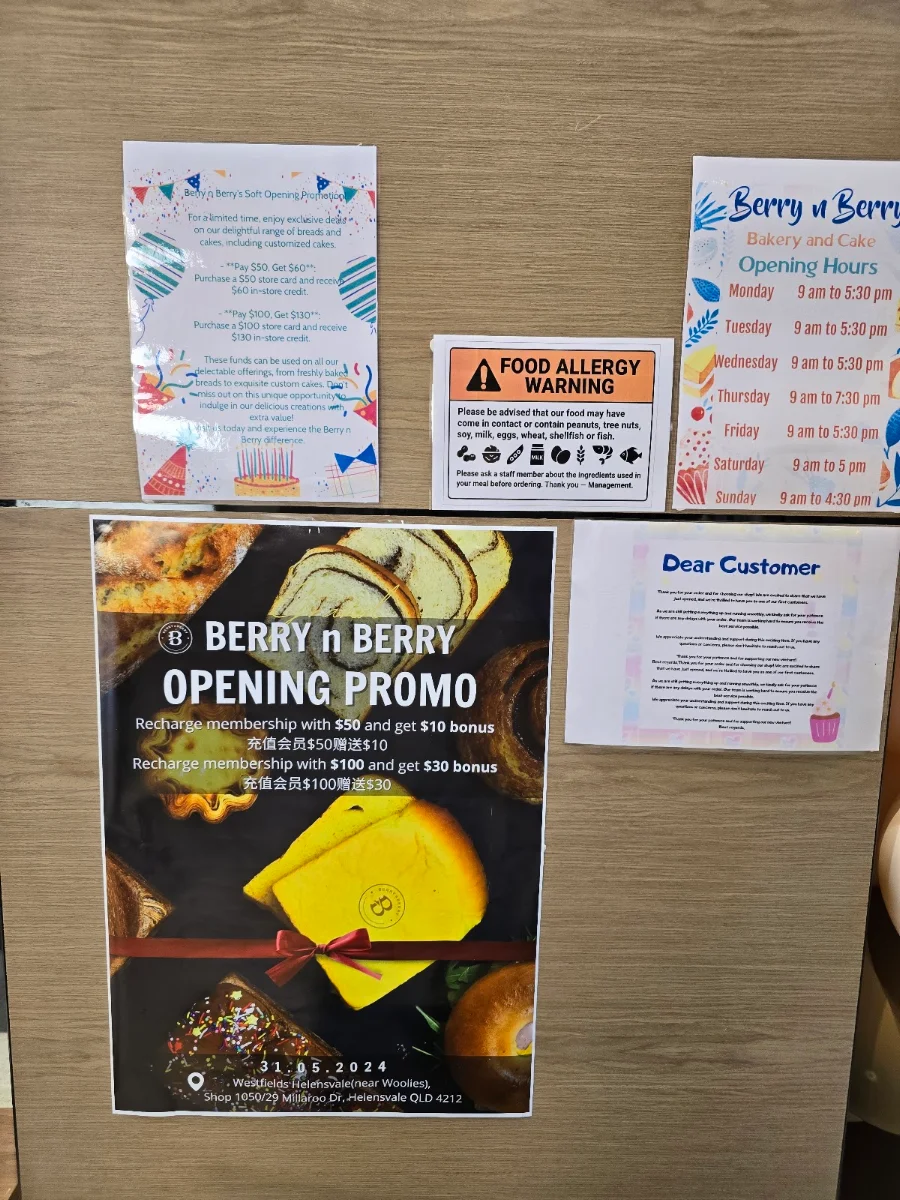 Menu, Berry n Berry Bakery, Westfield Helensvale