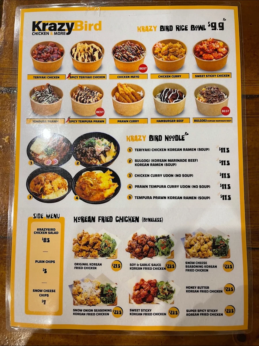 Menu, Krazy Bird Campbelltown