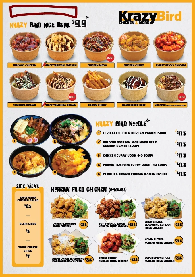 Menu, Krazy Bird Campbelltown