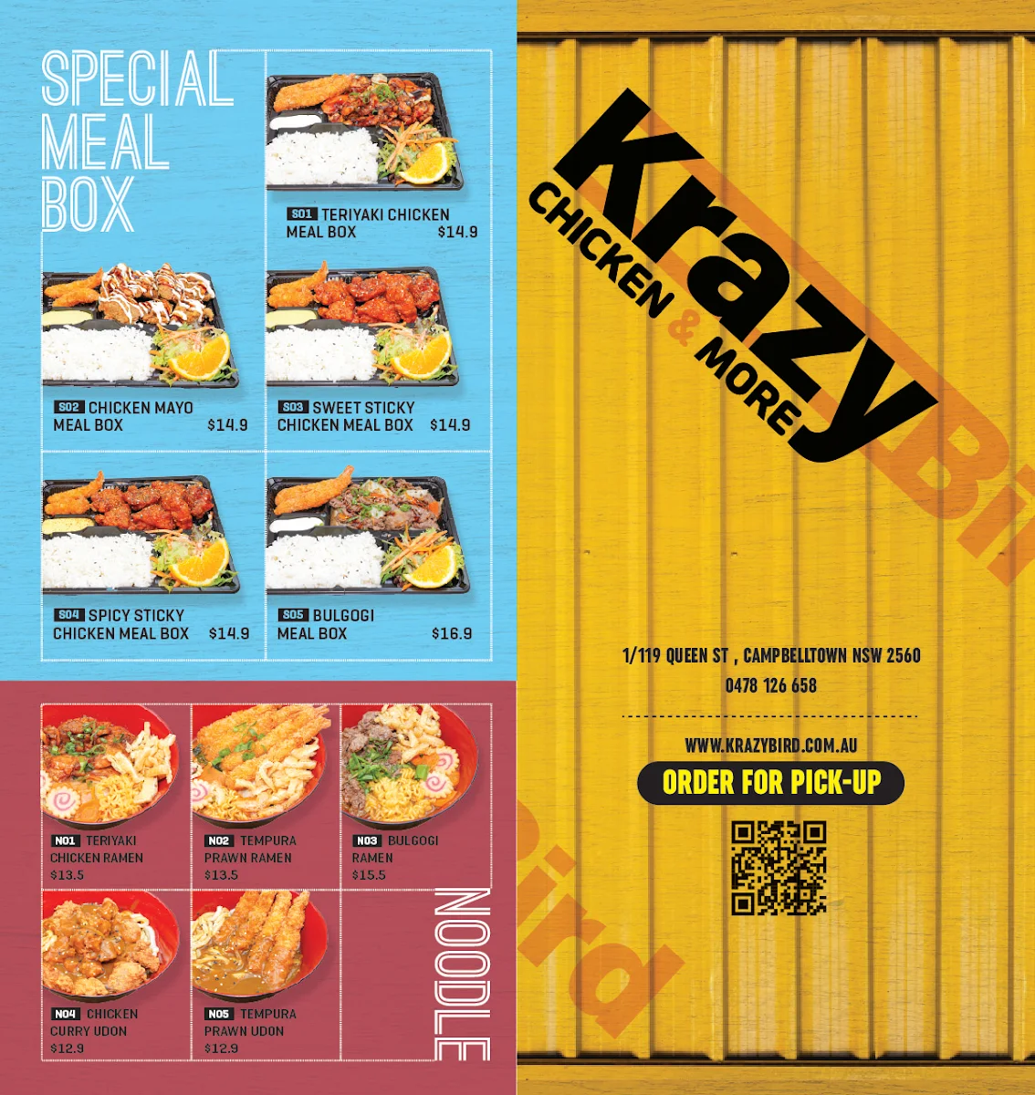 Menu, Krazy Bird Campbelltown