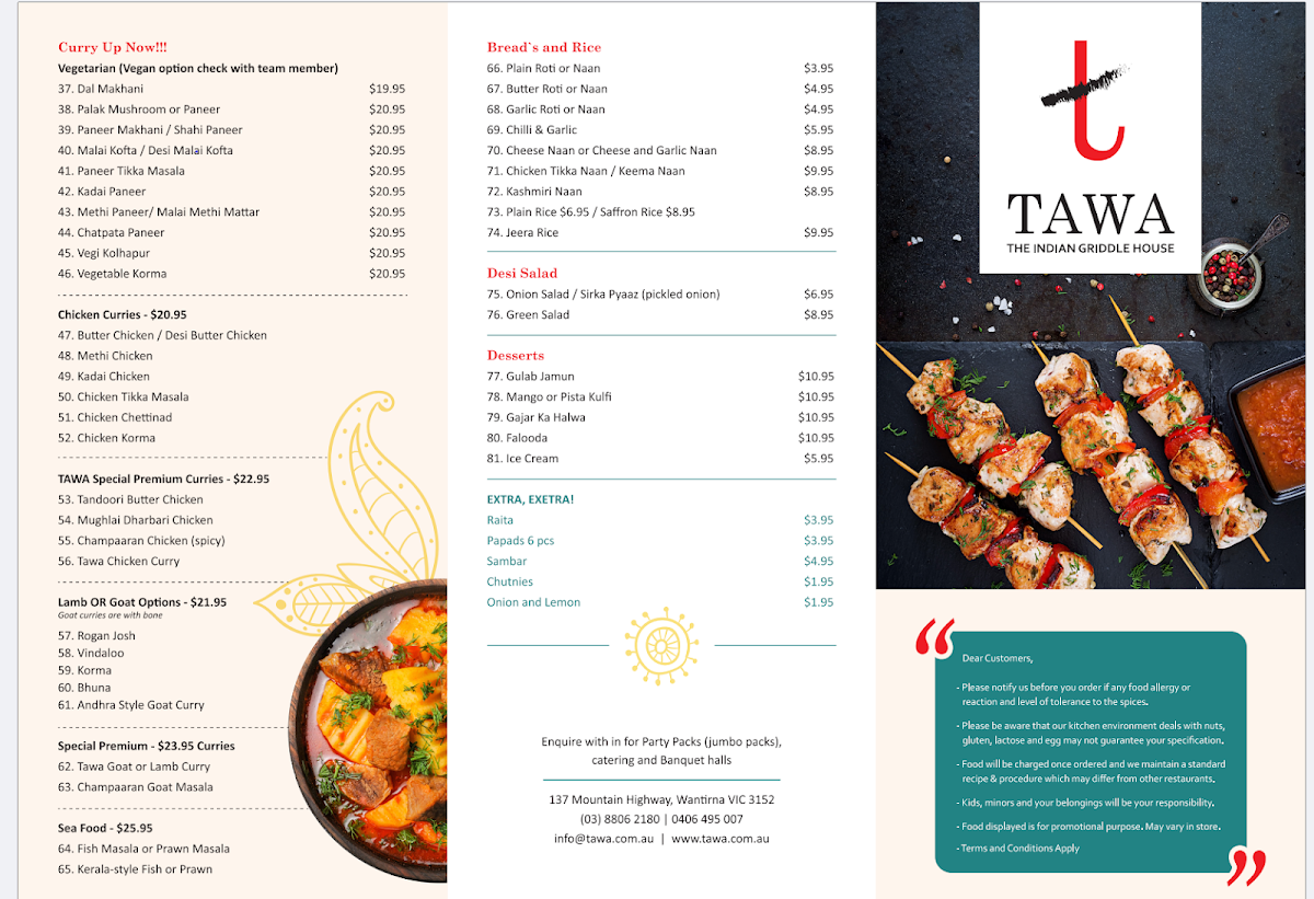 Menu, Tawa - The Indian Griddle House previously known as Dosa-Hut-Wantirna