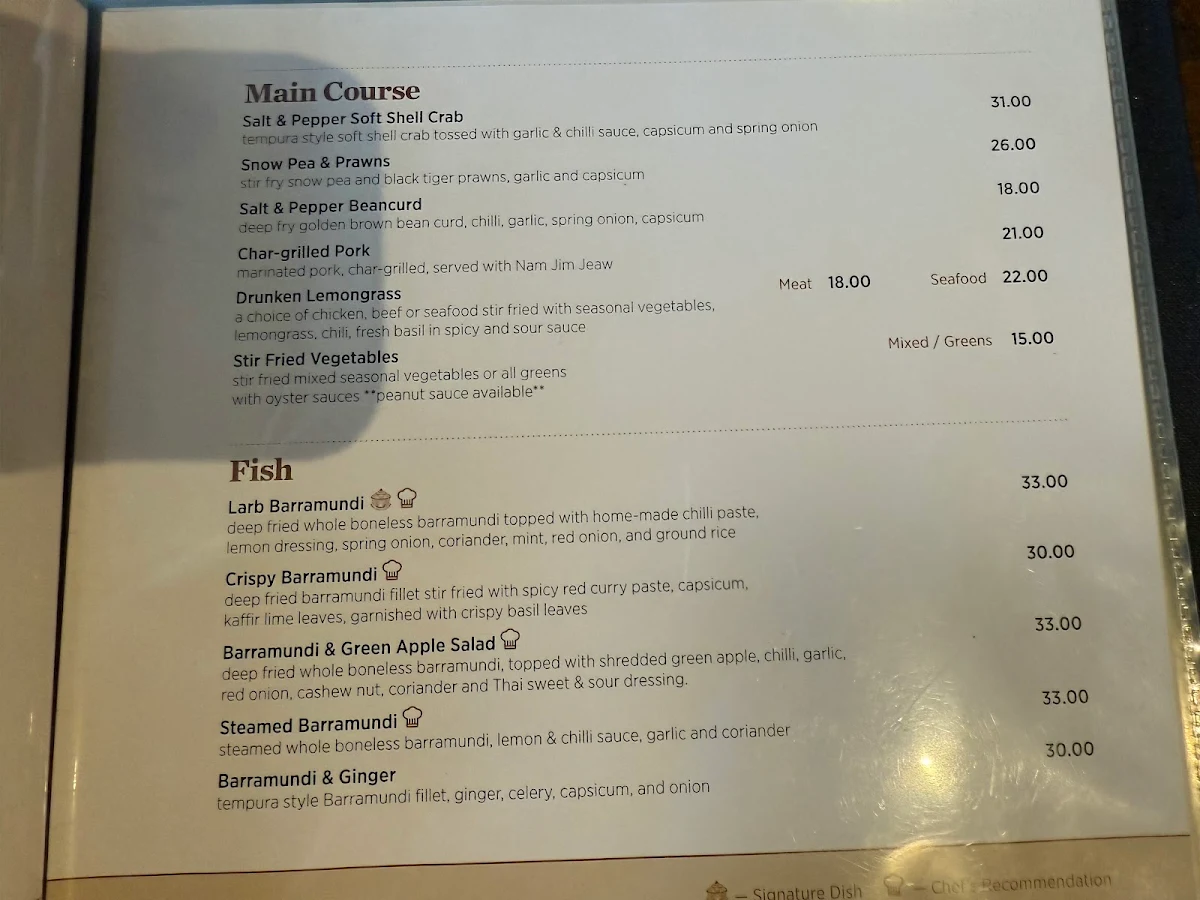 Menu, Pira Thai Cuisine