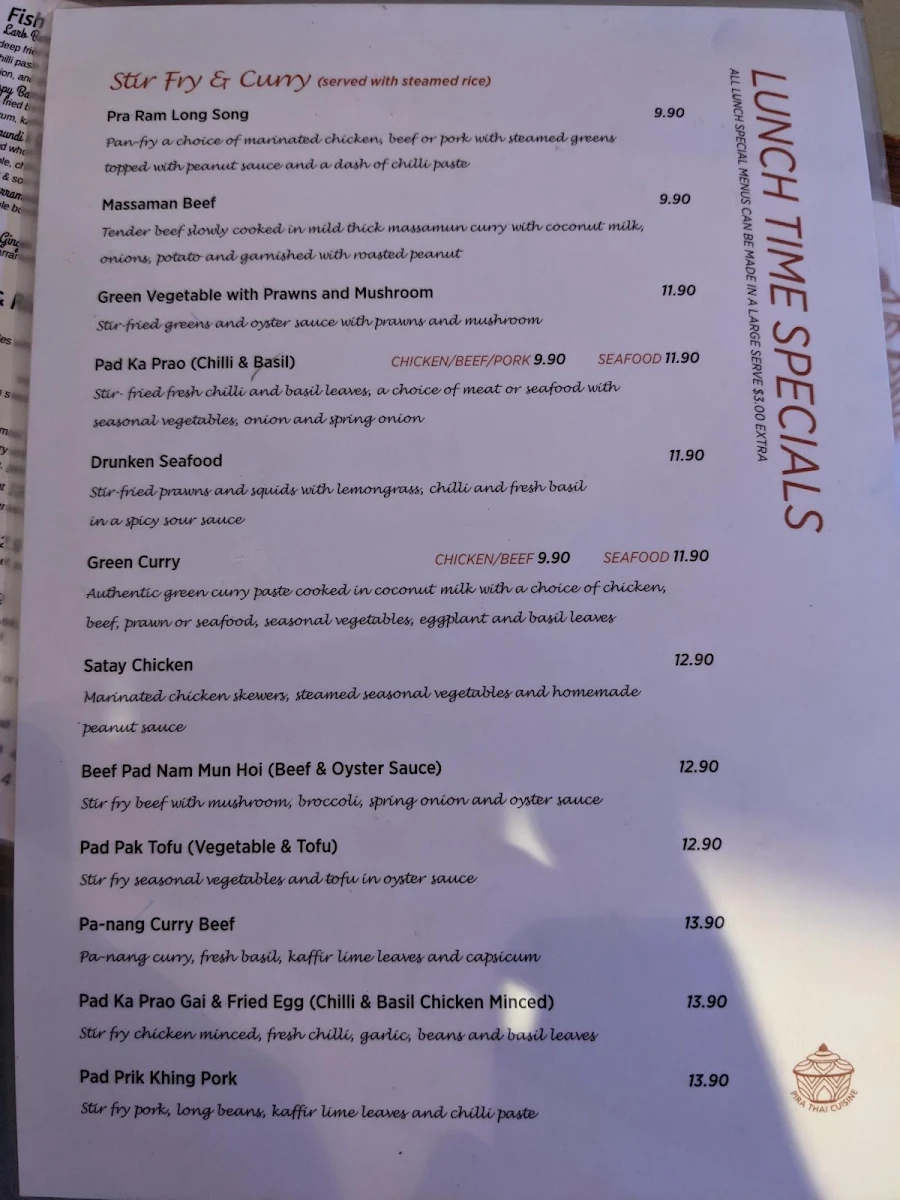 Menu, Pira Thai Cuisine