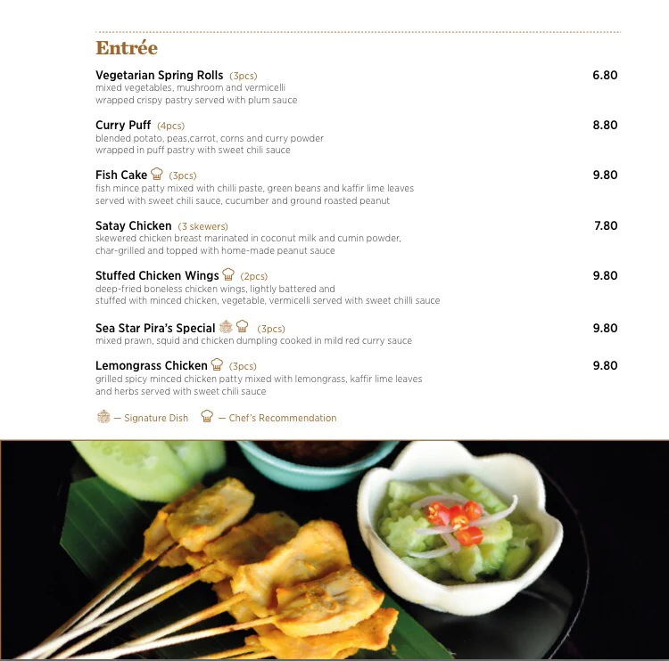 Menu, Pira Thai Cuisine