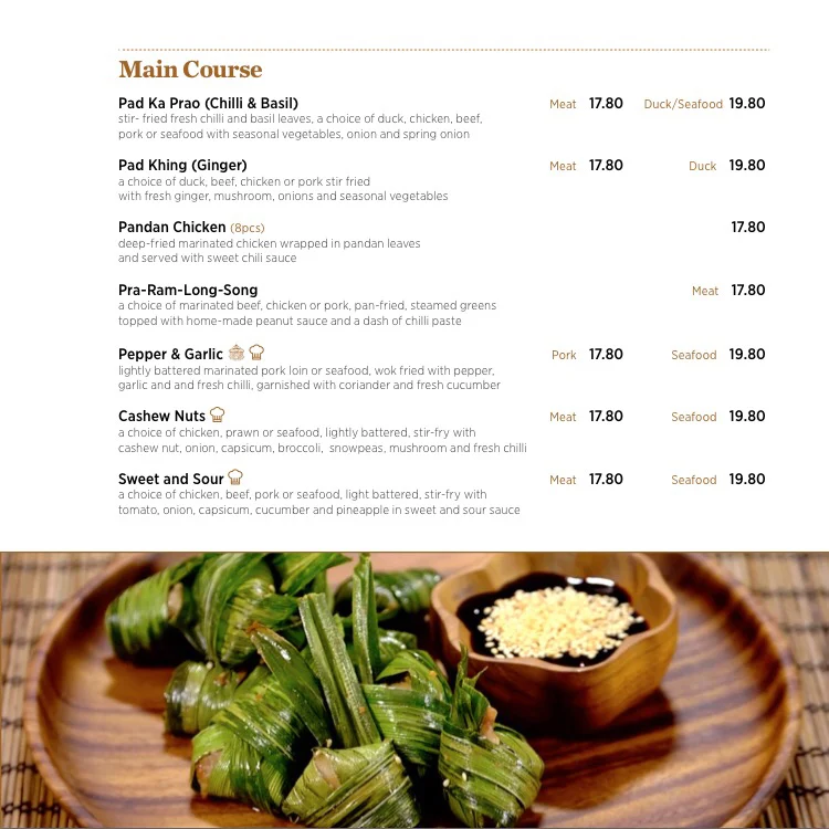 Menu, Pira Thai Cuisine