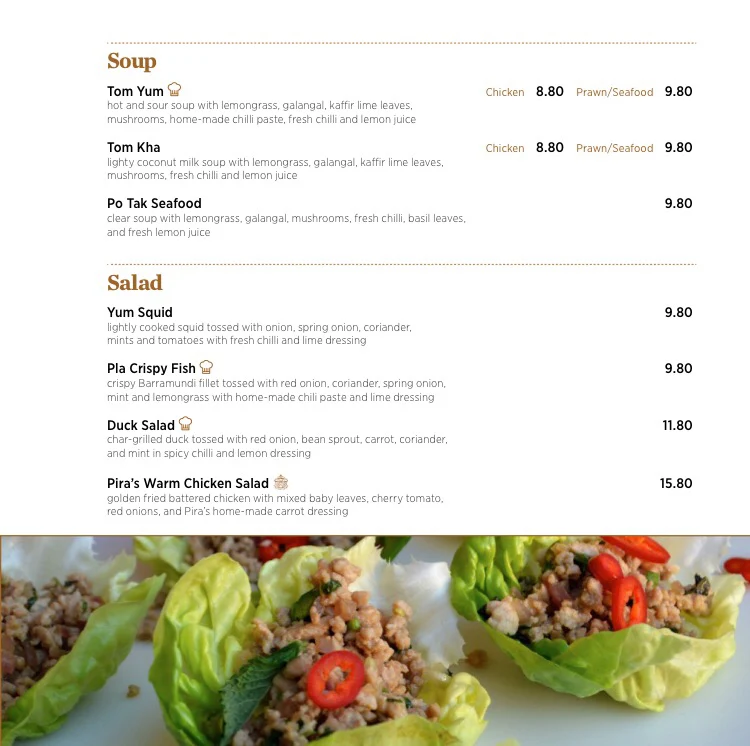 Menu, Pira Thai Cuisine