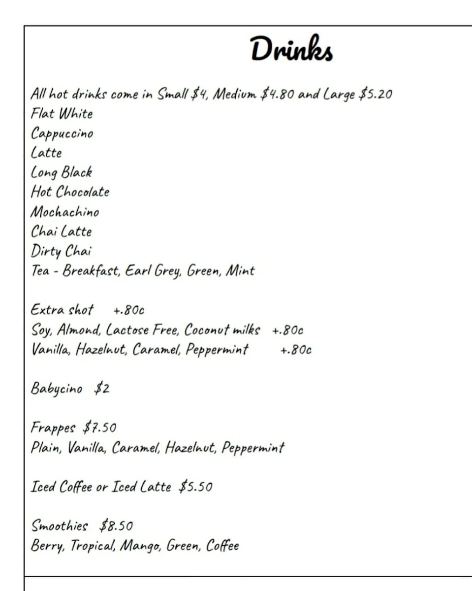 Menu, The Coffee House