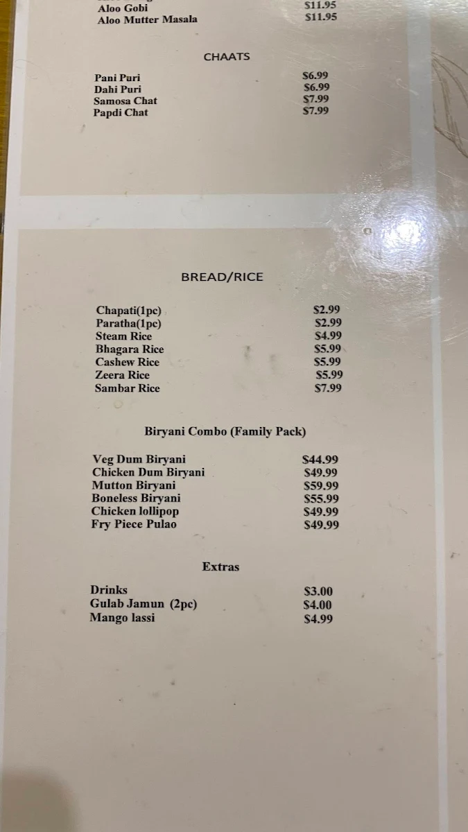 Menu, New Paradise Biryani
