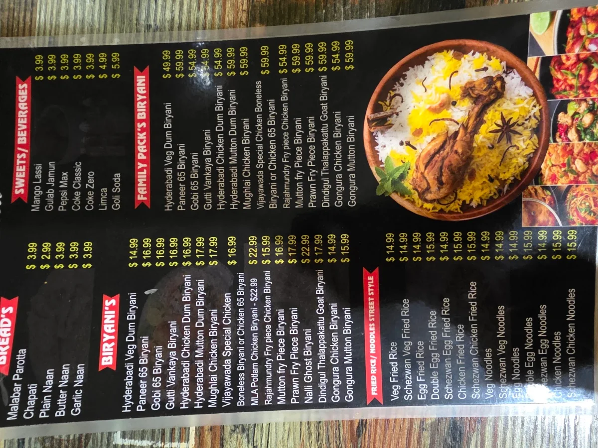 Menu, New Paradise Biryani