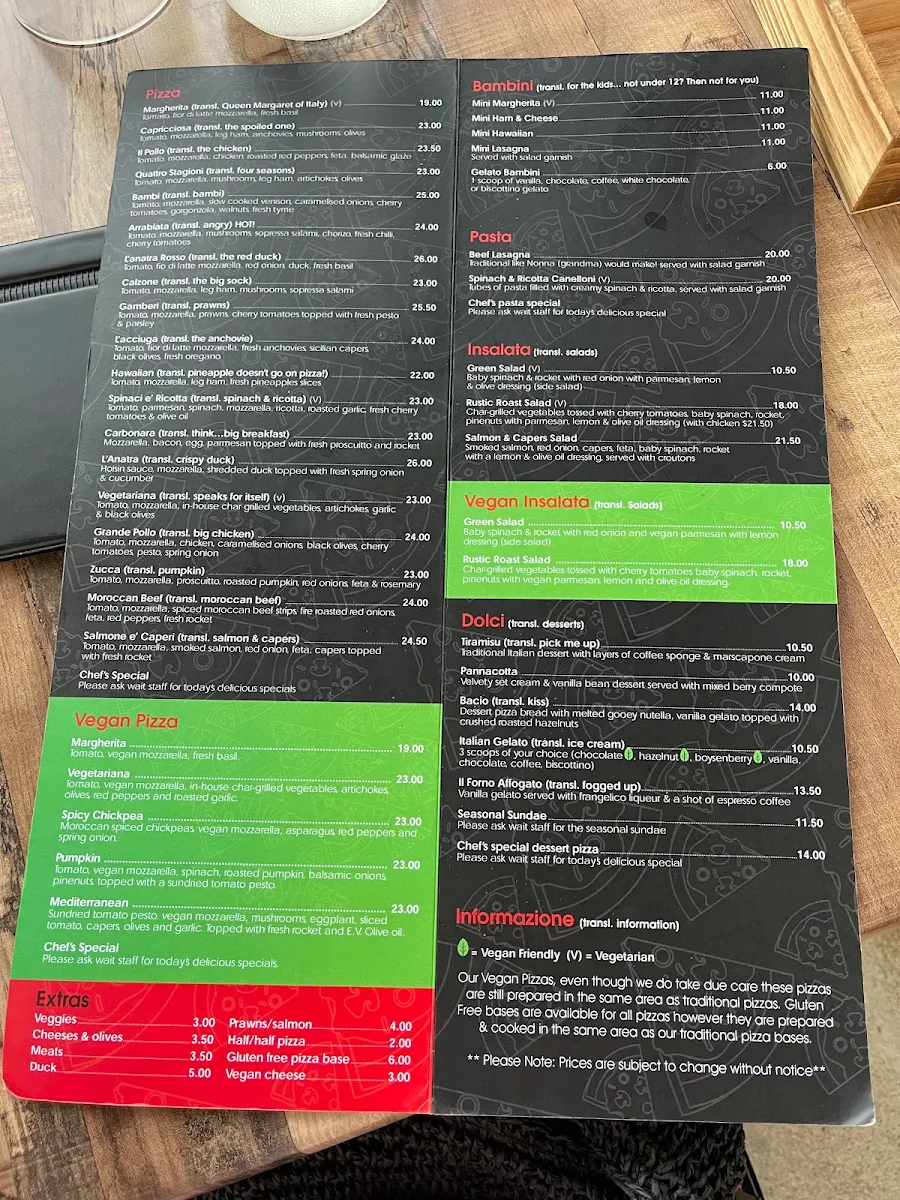Menu, Il Forno Pizzeria