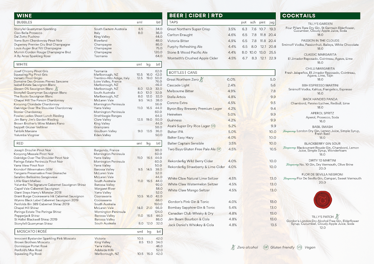 Menu, Brighton Beach Hotel