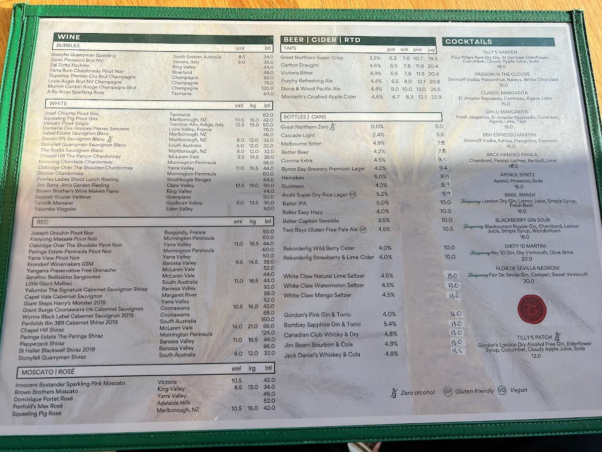 Menu, Brighton Beach Hotel