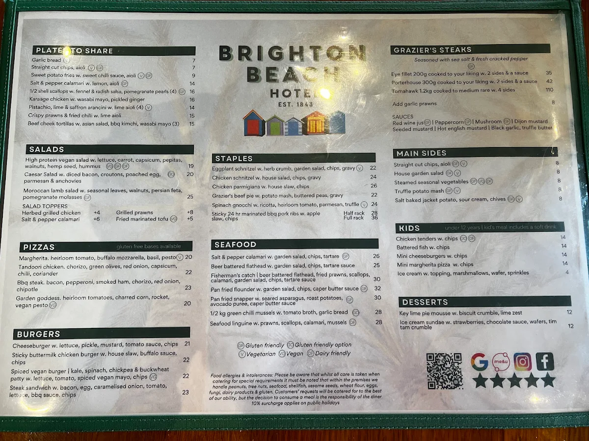 Menu, Brighton Beach Hotel