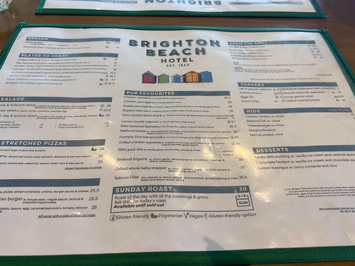 Menu, Brighton Beach Hotel