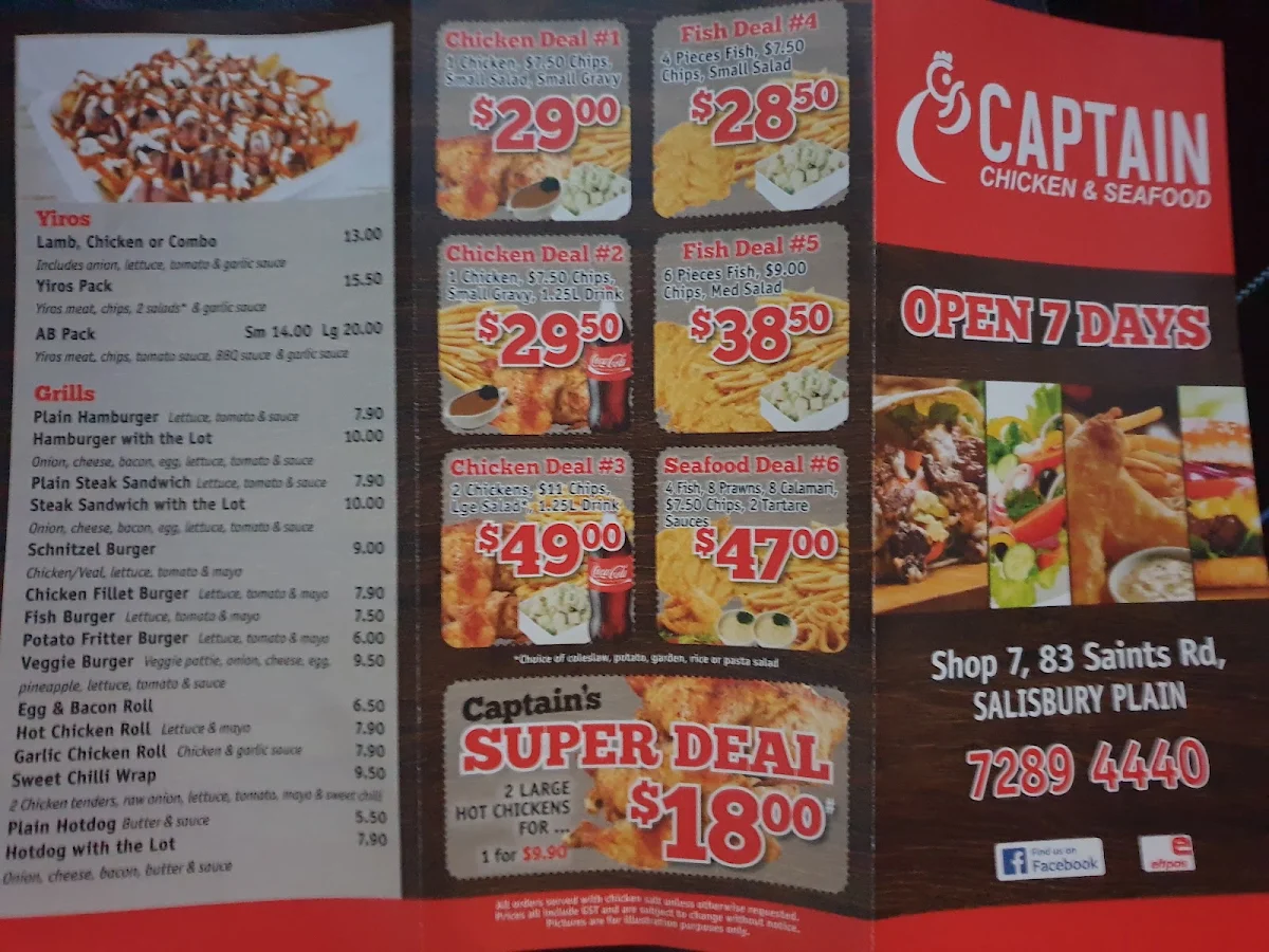 Menu, Captain Chicken and Seafood - Salisbury Plain