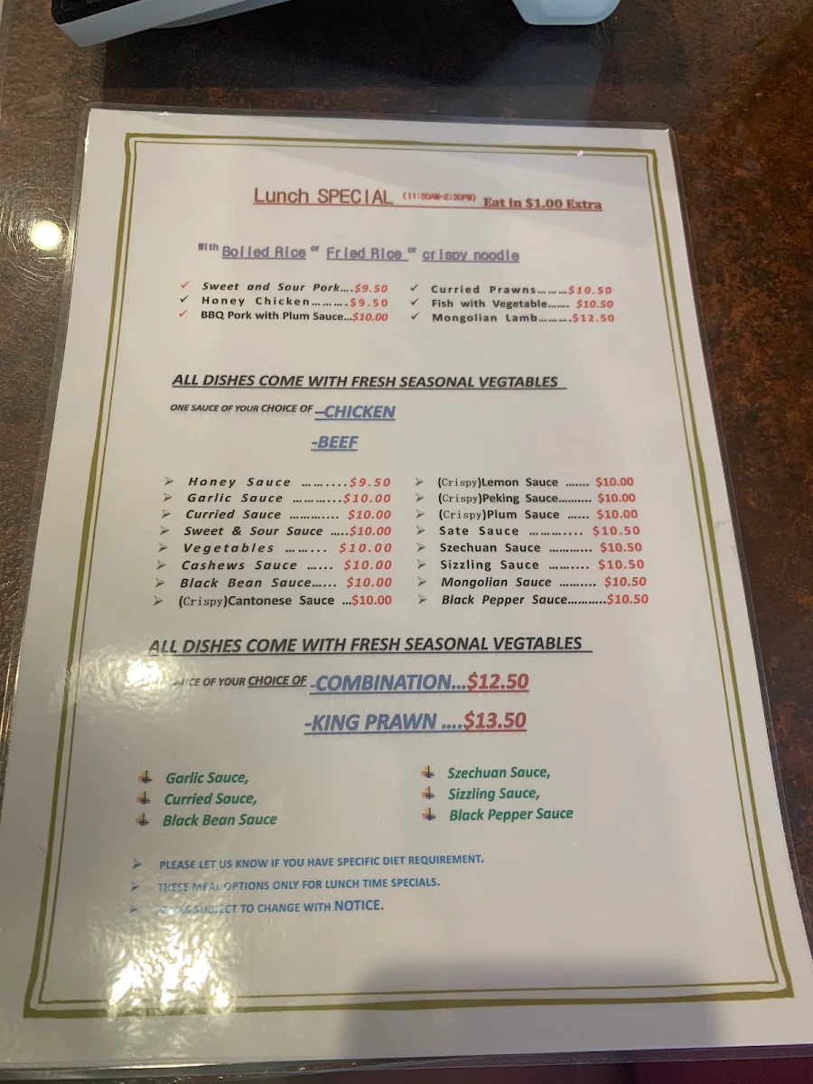 Menu, The Camellia Chinese Restaurant